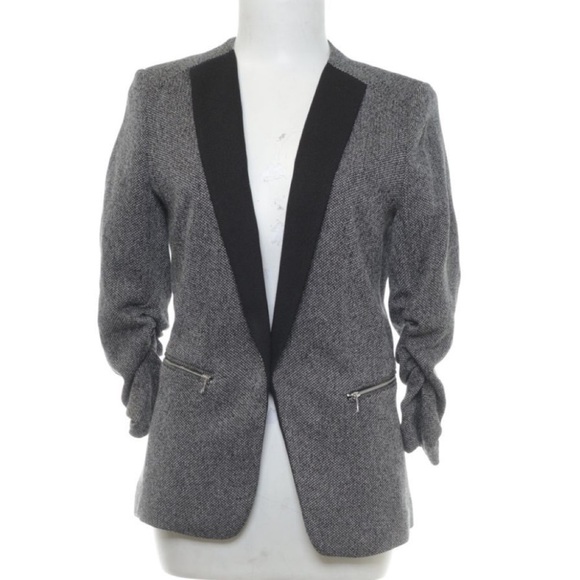 H&M Tweed Flyaway Tuxedo Blazer Open Front Zipper Detail  Ruched Sleeves - Picture 3 of 11